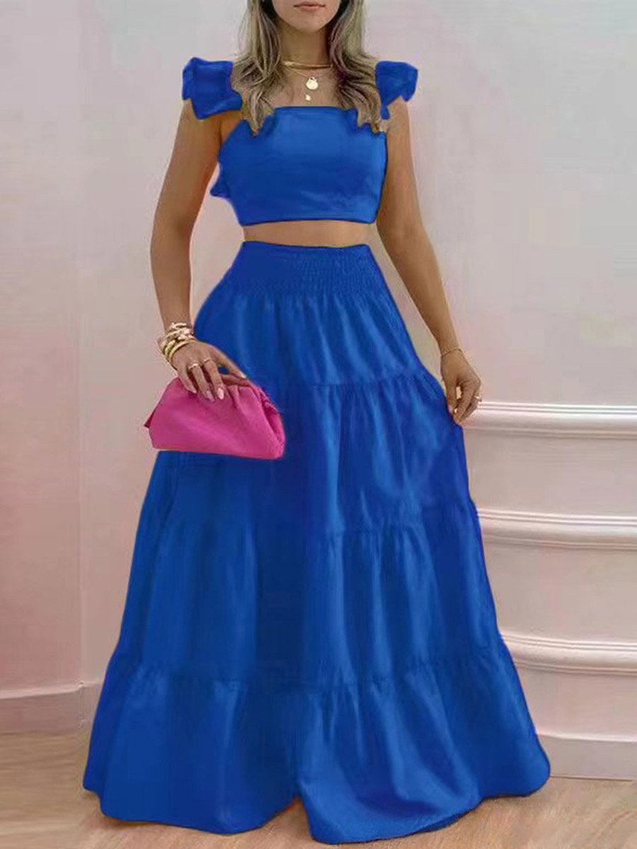 Women Blue Crop Top and Tiered Skirt Co-Ords