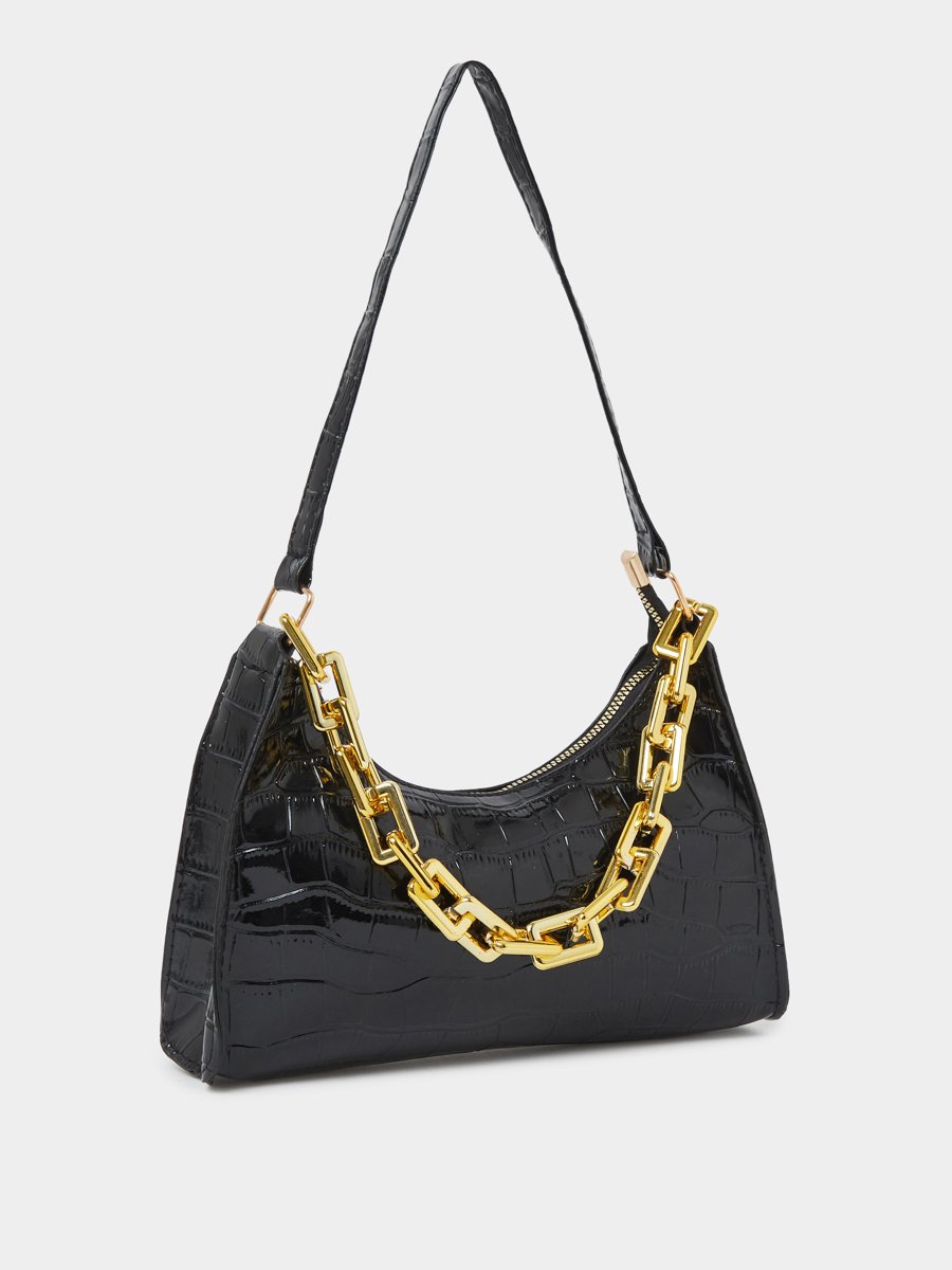 Croc Textured Shoulder Bag with Chunky Chain