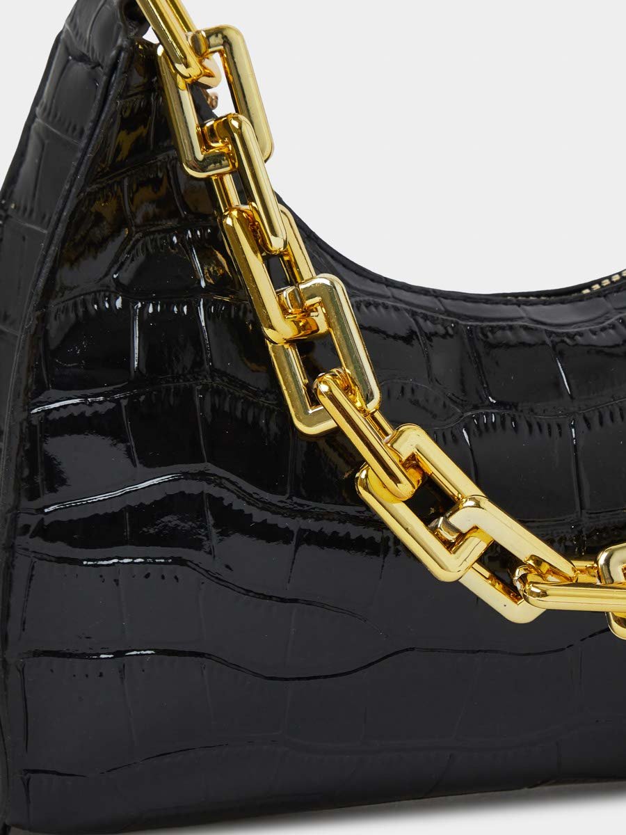 Croc Textured Shoulder Bag with Chunky Chain