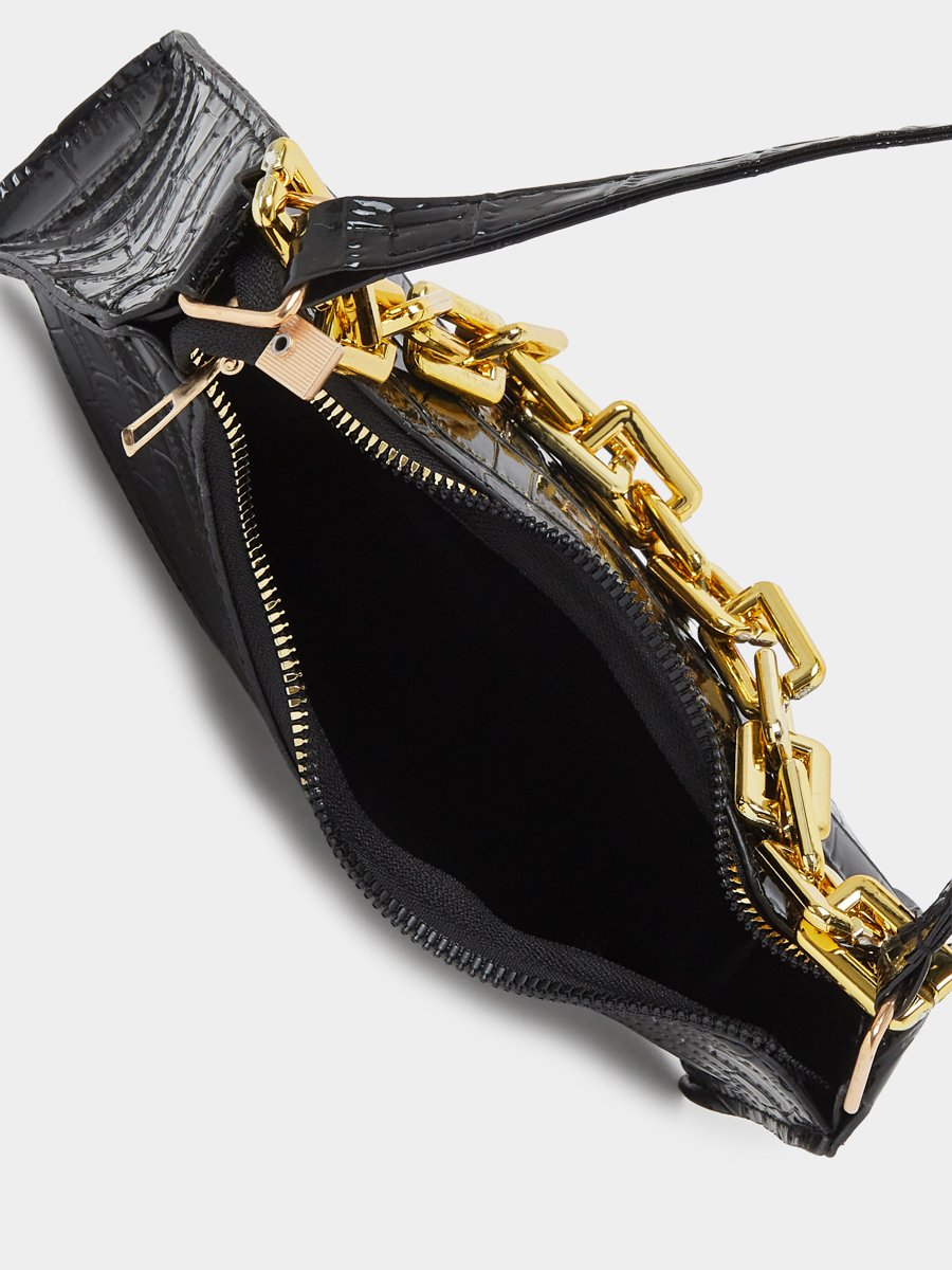 Croc Textured Shoulder Bag with Chunky Chain