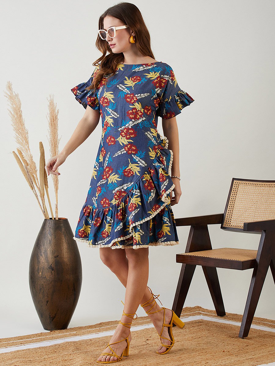 Navy Blue Floral A-Line Knee-Length Dress