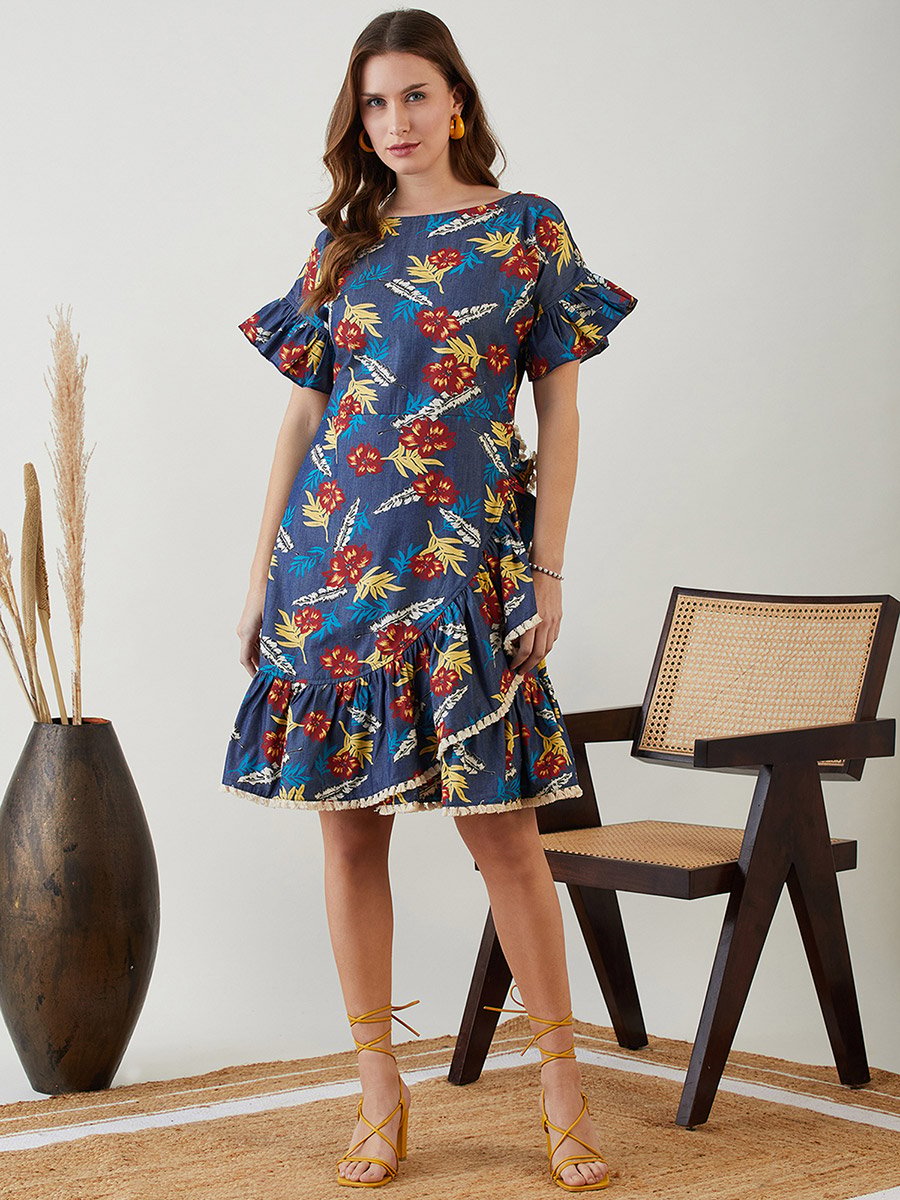 Navy Blue Floral A-Line Knee-Length Dress