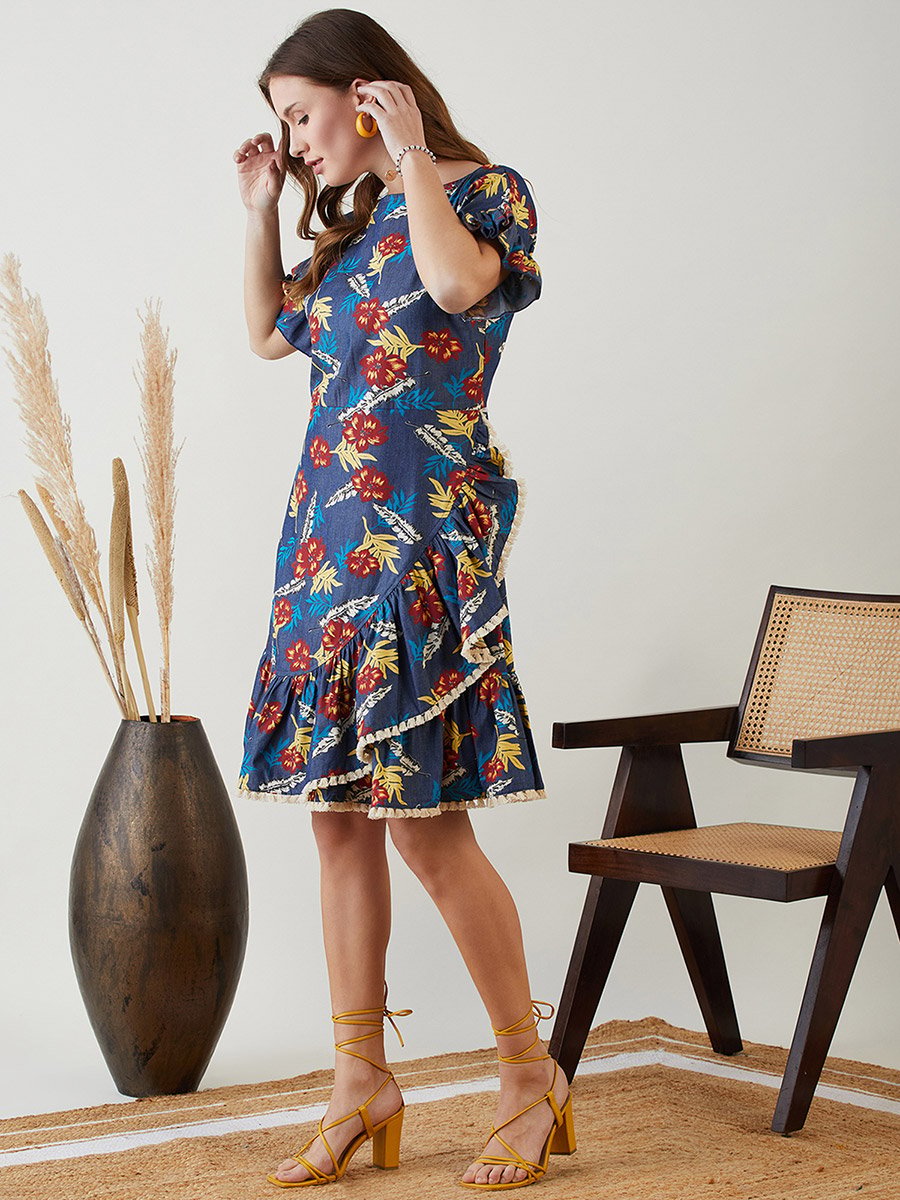Navy Blue Floral A-Line Knee-Length Dress