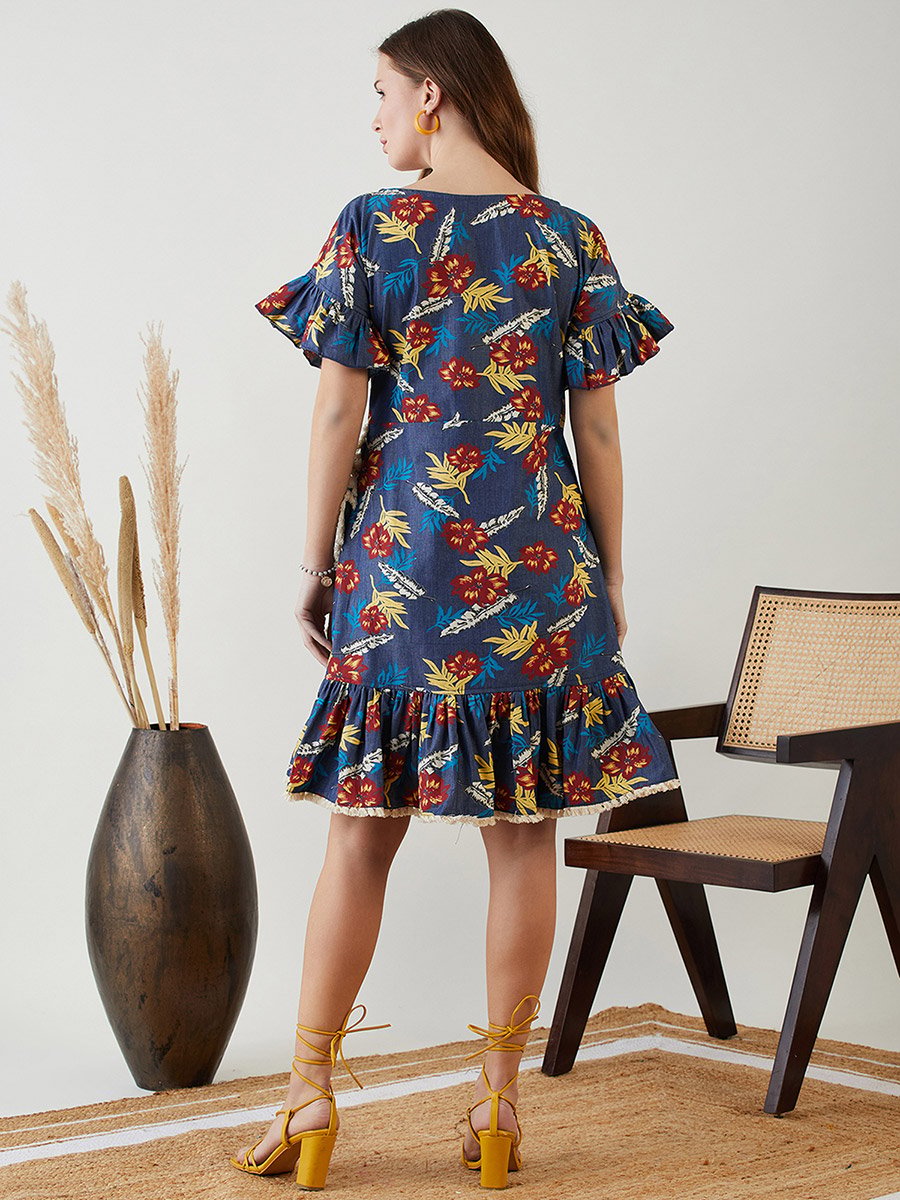 Navy Blue Floral A-Line Knee-Length Dress