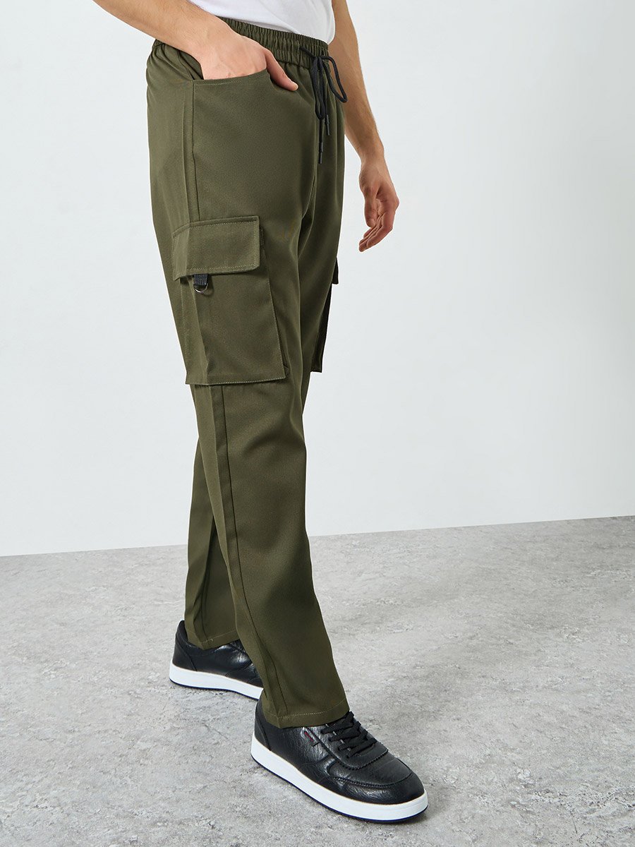 Men Khaki Pocket Cargo Pants with Drawstring