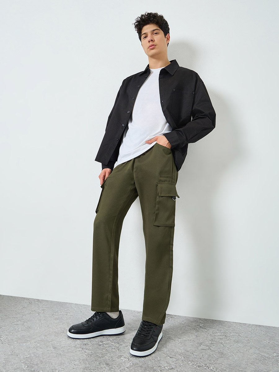 Men Khaki Pocket Cargo Pants with Drawstring
