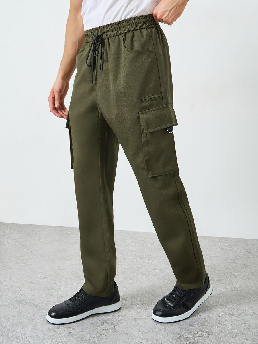 Men Khaki Pocket Cargo Pants with Drawstring