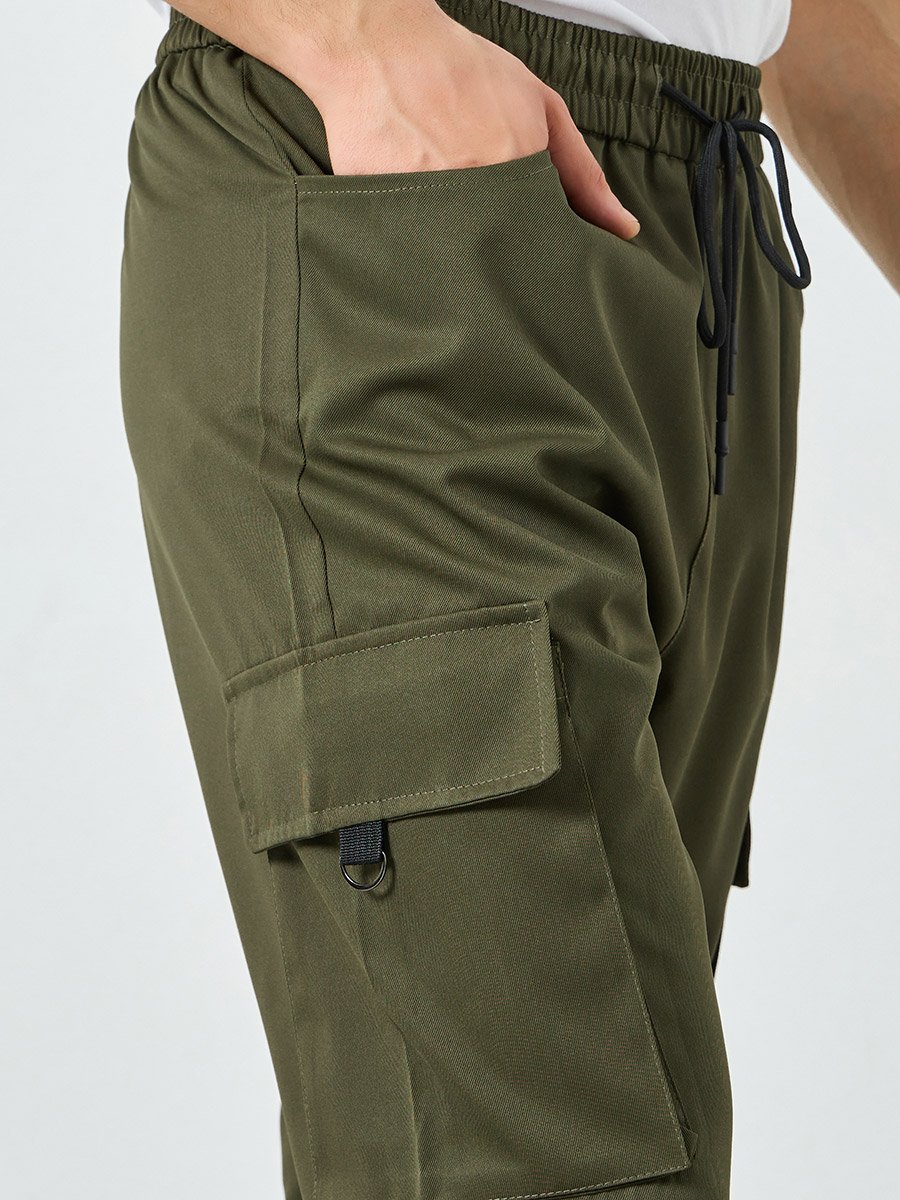 Men Khaki Pocket Cargo Pants with Drawstring