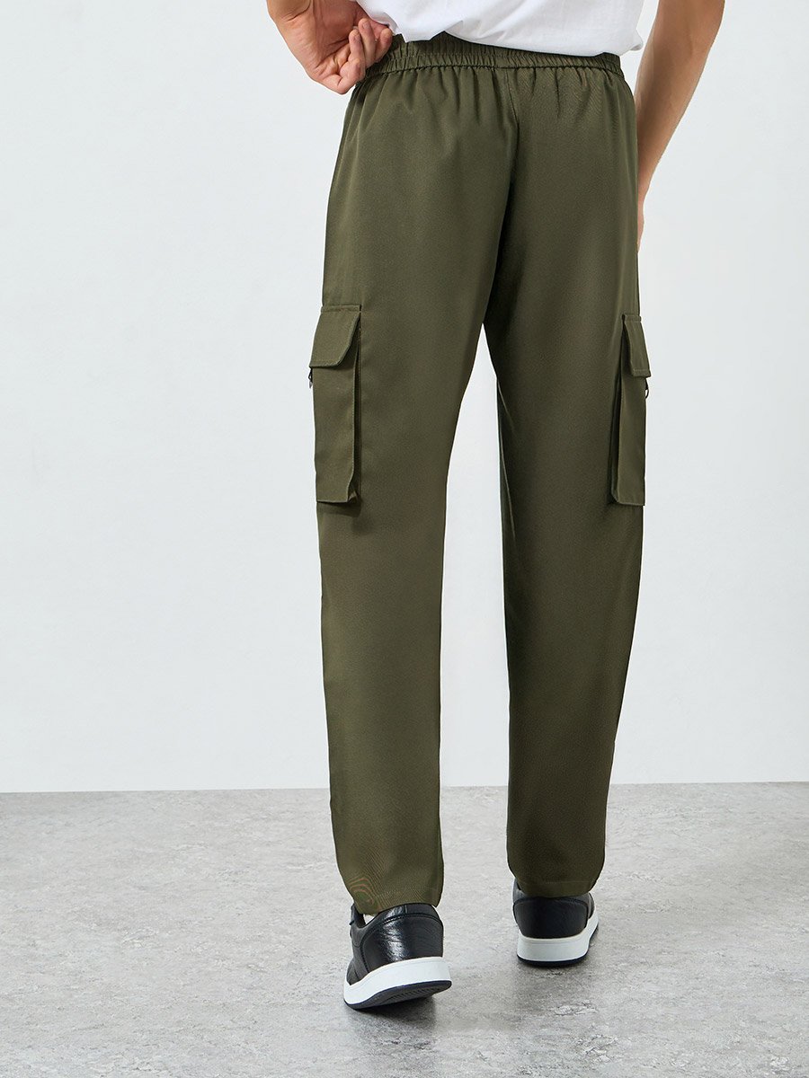 Men Khaki Pocket Cargo Pants with Drawstring