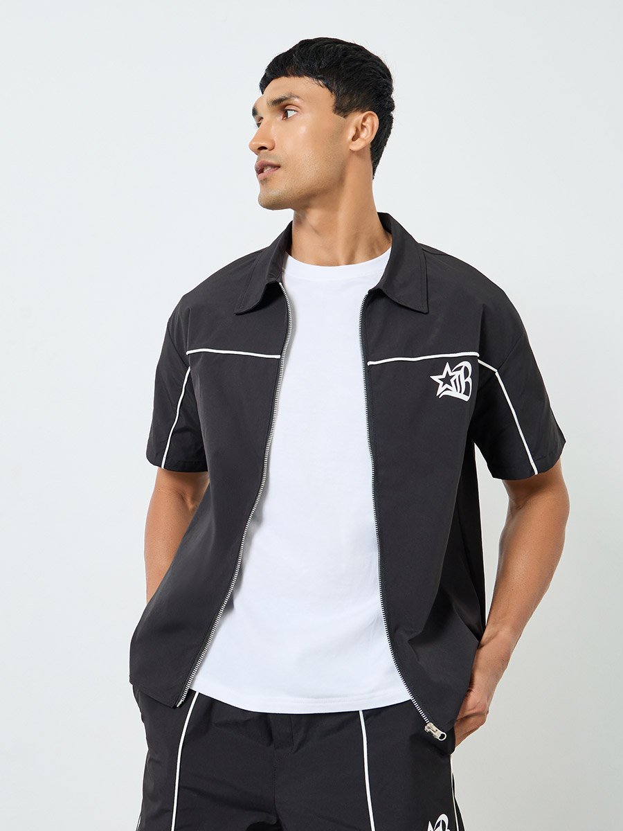 Men Black Graphic Zip-Up Jacket and Shorts Co-Ords