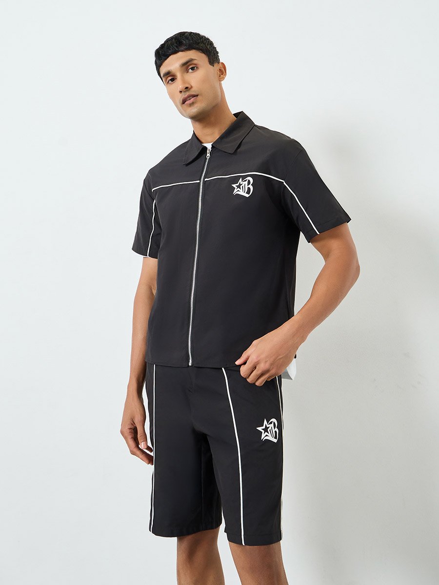 Men Black Graphic Zip-Up Jacket and Shorts Co-Ords