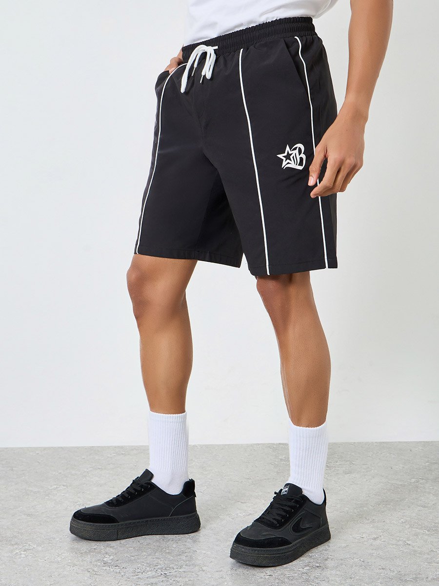 Men Black Graphic Zip-Up Jacket and Shorts Co-Ords