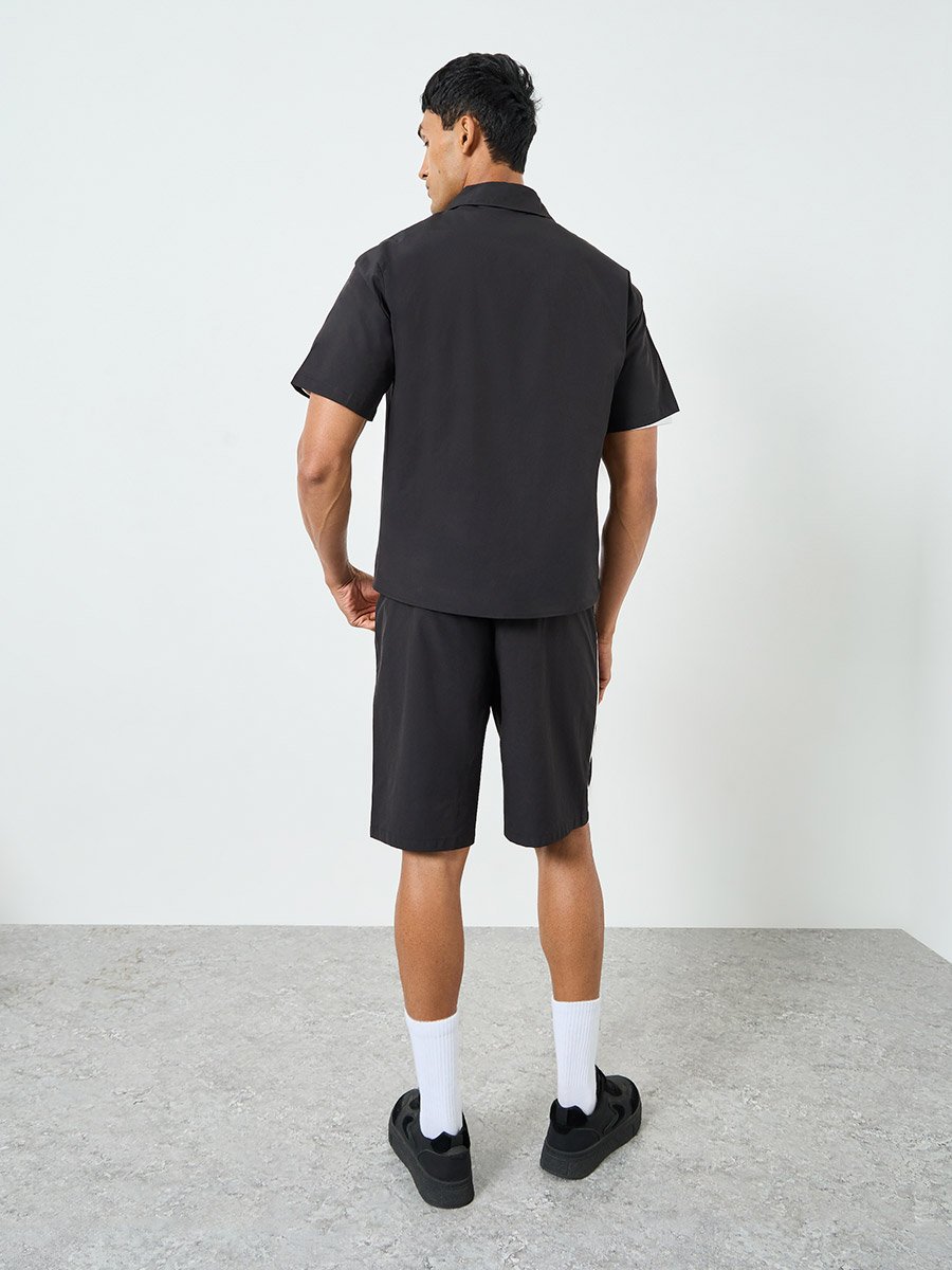 Men Black Graphic Zip-Up Jacket and Shorts Co-Ords