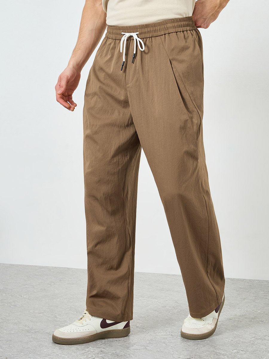 Men Brown Drawstring Waist Relaxed Fit Trousers