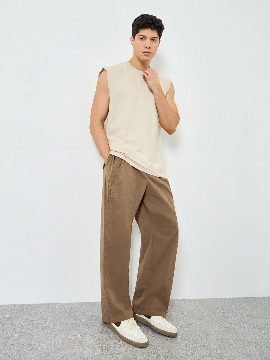 Men Brown Drawstring Waist Relaxed Fit Trousers