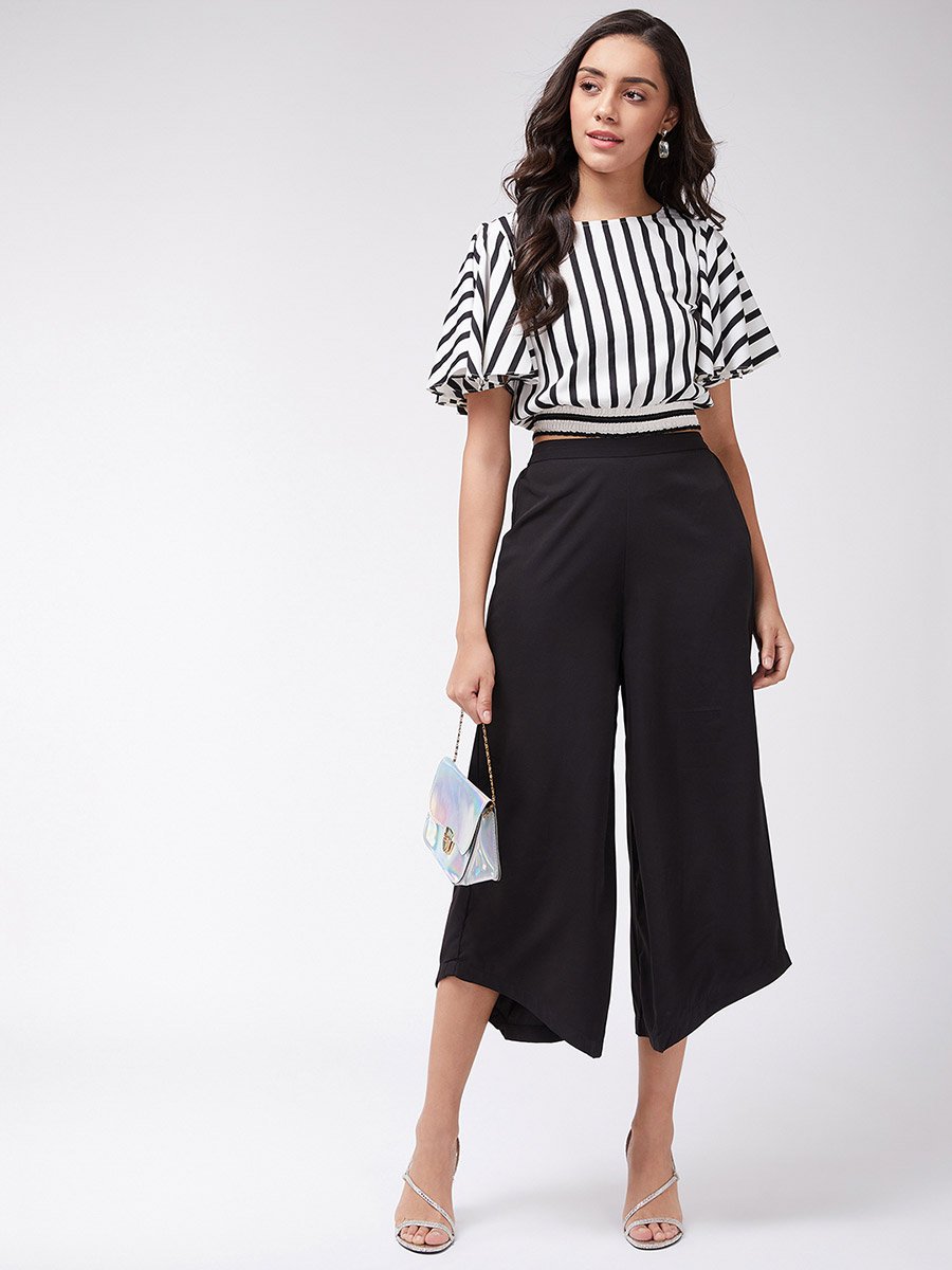 Black Striped Crop Top and Wide Leg Pants Co-ords