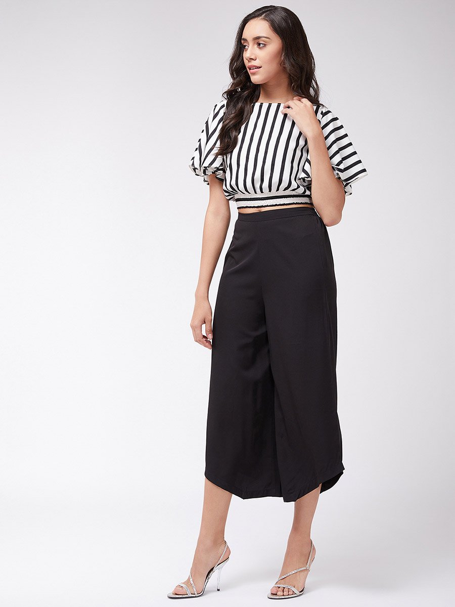 Black Striped Crop Top and Wide Leg Pants Co-ords
