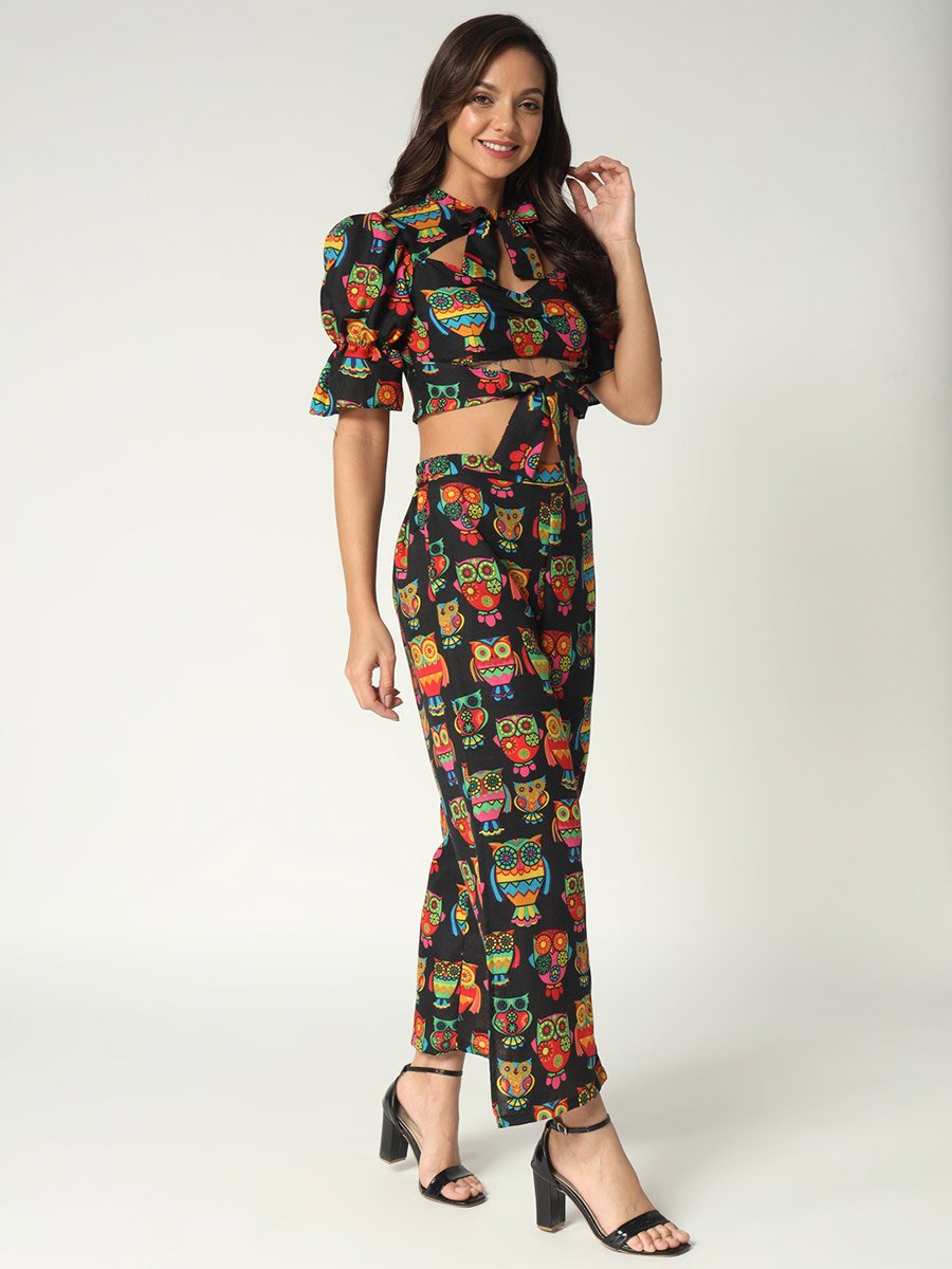 Black Owl Print Crop Top and Wide Leg Pants Co-ords