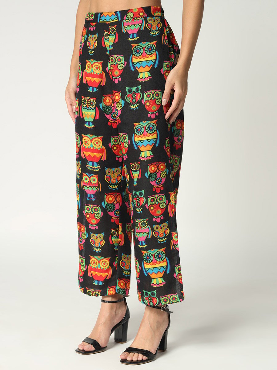 Black Owl Print Crop Top and Wide Leg Pants Co-ords