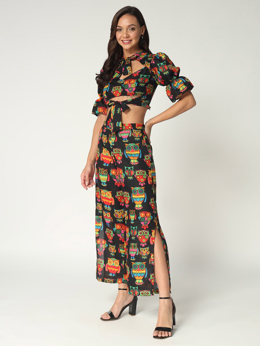 Black Owl Print Crop Top and Wide Leg Pants Co-ords