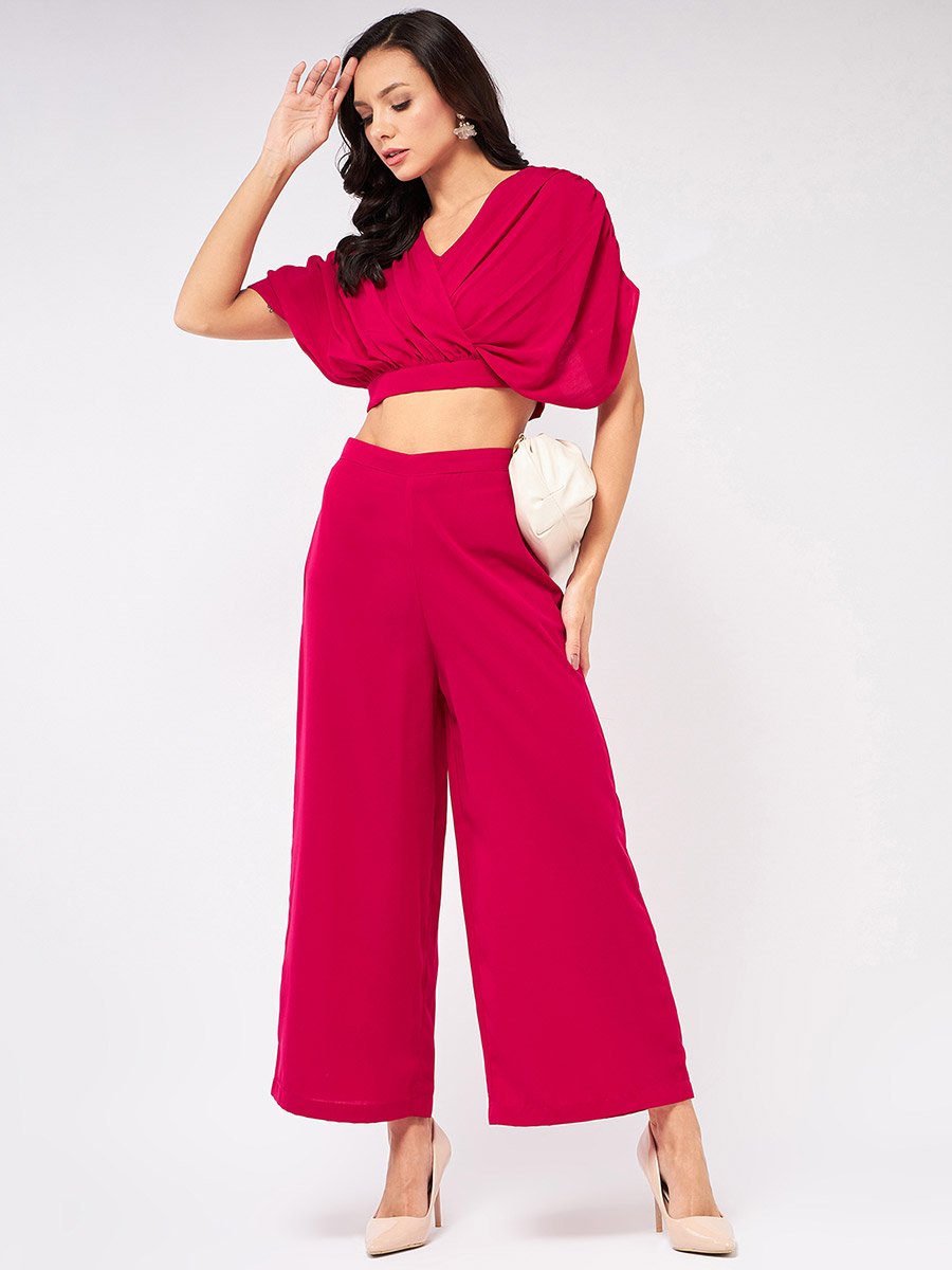 Magenta Fold Pleat Crop Top and Wide Leg Pants Co-ords