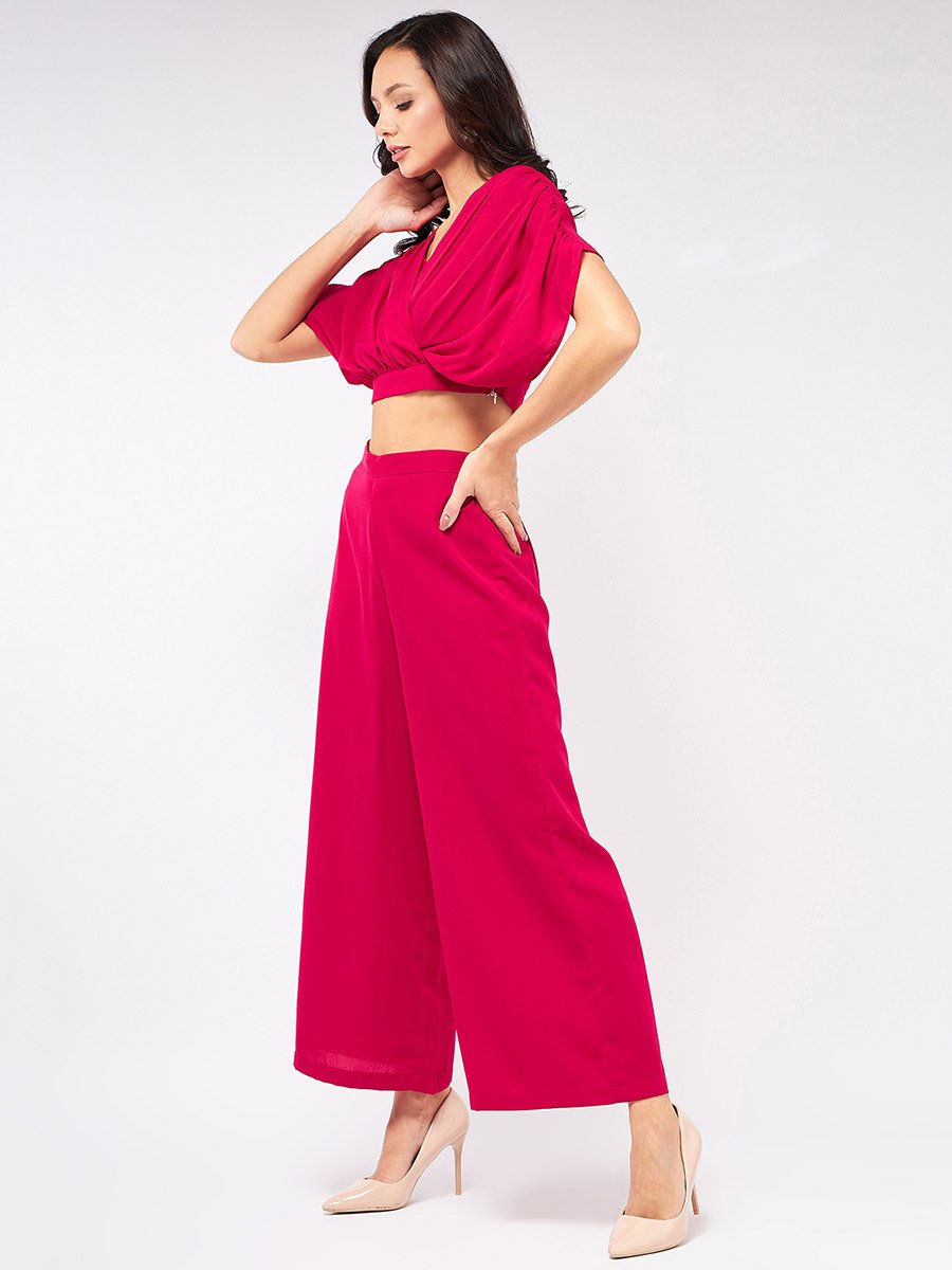 Magenta Fold Pleat Crop Top and Wide Leg Pants Co-ords