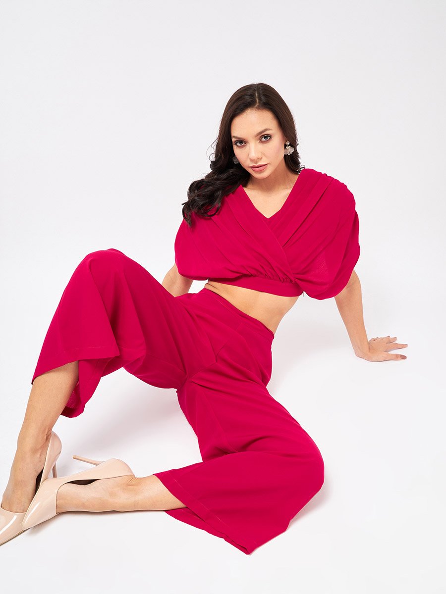 Magenta Fold Pleat Crop Top and Wide Leg Pants Co-ords