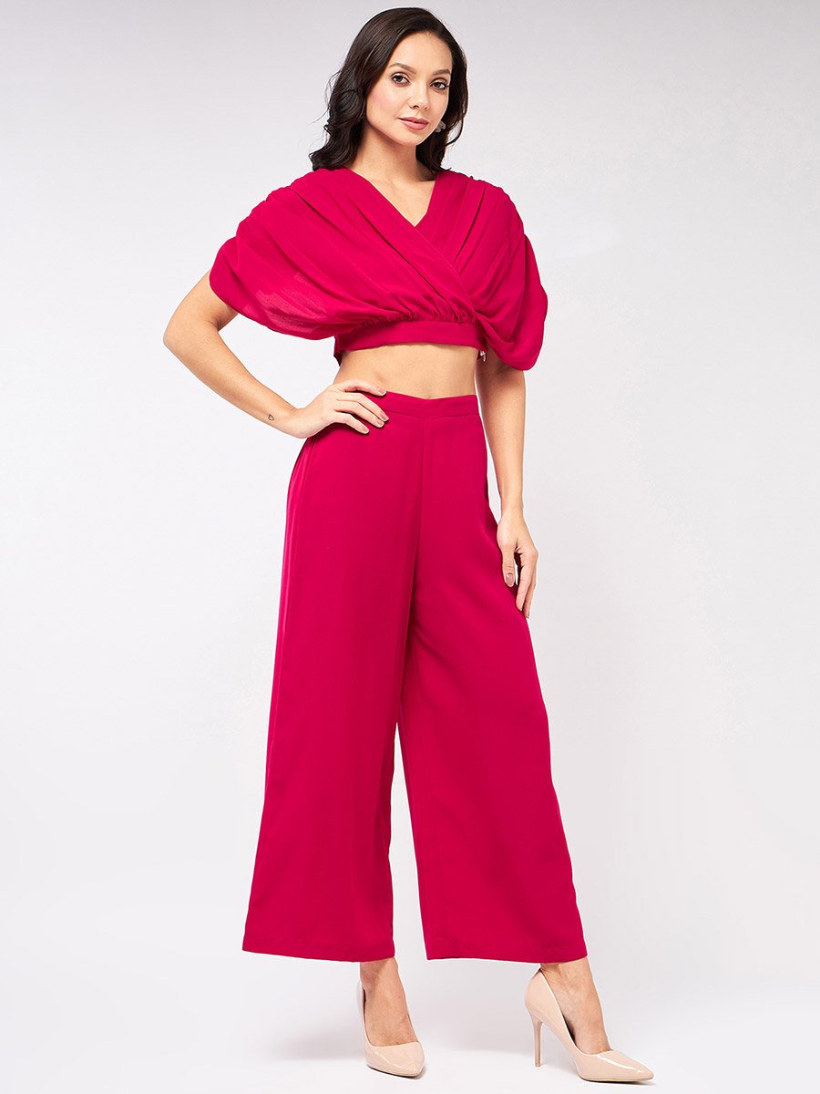 Magenta Fold Pleat Crop Top and Wide Leg Pants Co-ords