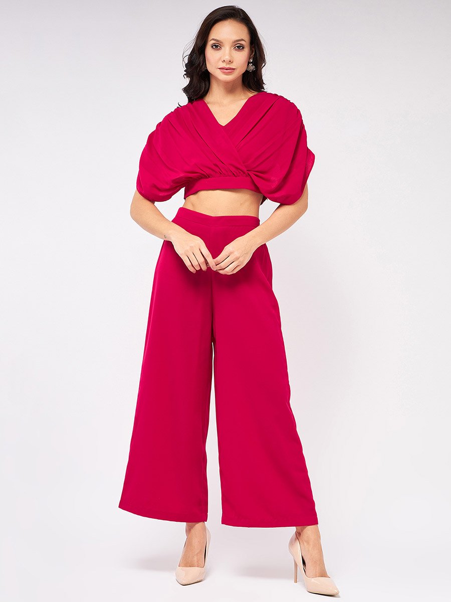 Magenta Fold Pleat Crop Top and Wide Leg Pants Co-ords