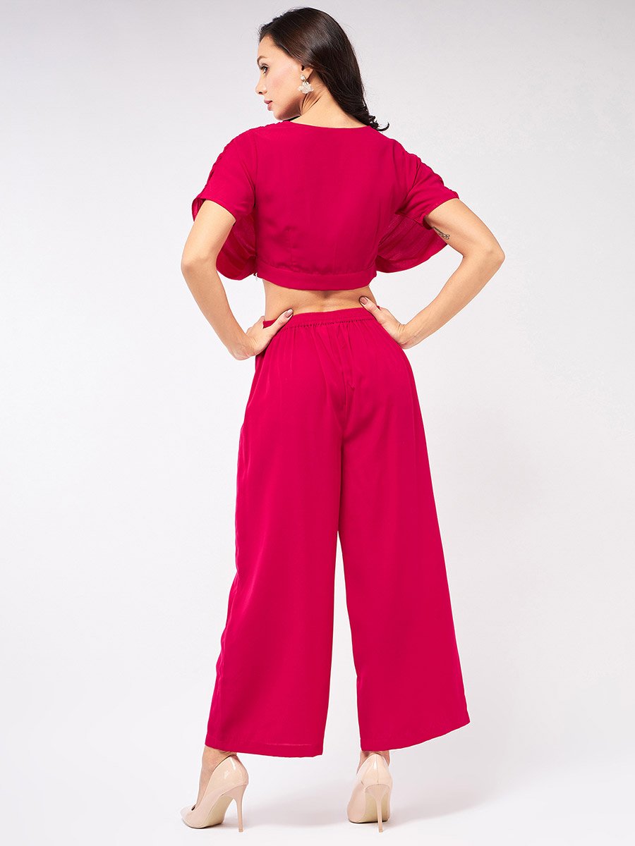 Magenta Fold Pleat Crop Top and Wide Leg Pants Co-ords