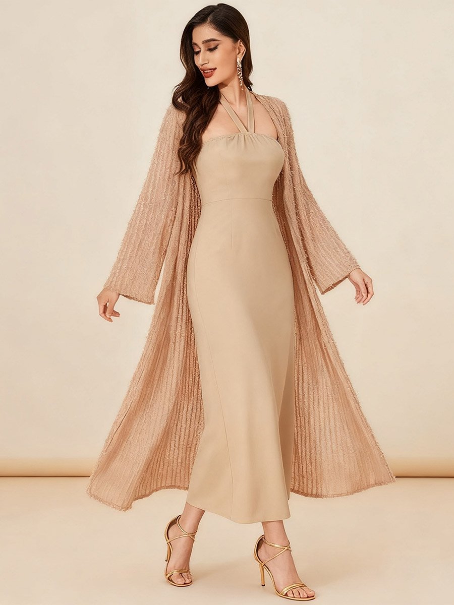 beige dress with cardigan Texture Open Front and Halter Neck Maxi Co-Ords For Women at UAE Perfect for dressing up rotator Banana Republic Women's Tie Color:Picture Color - Style B