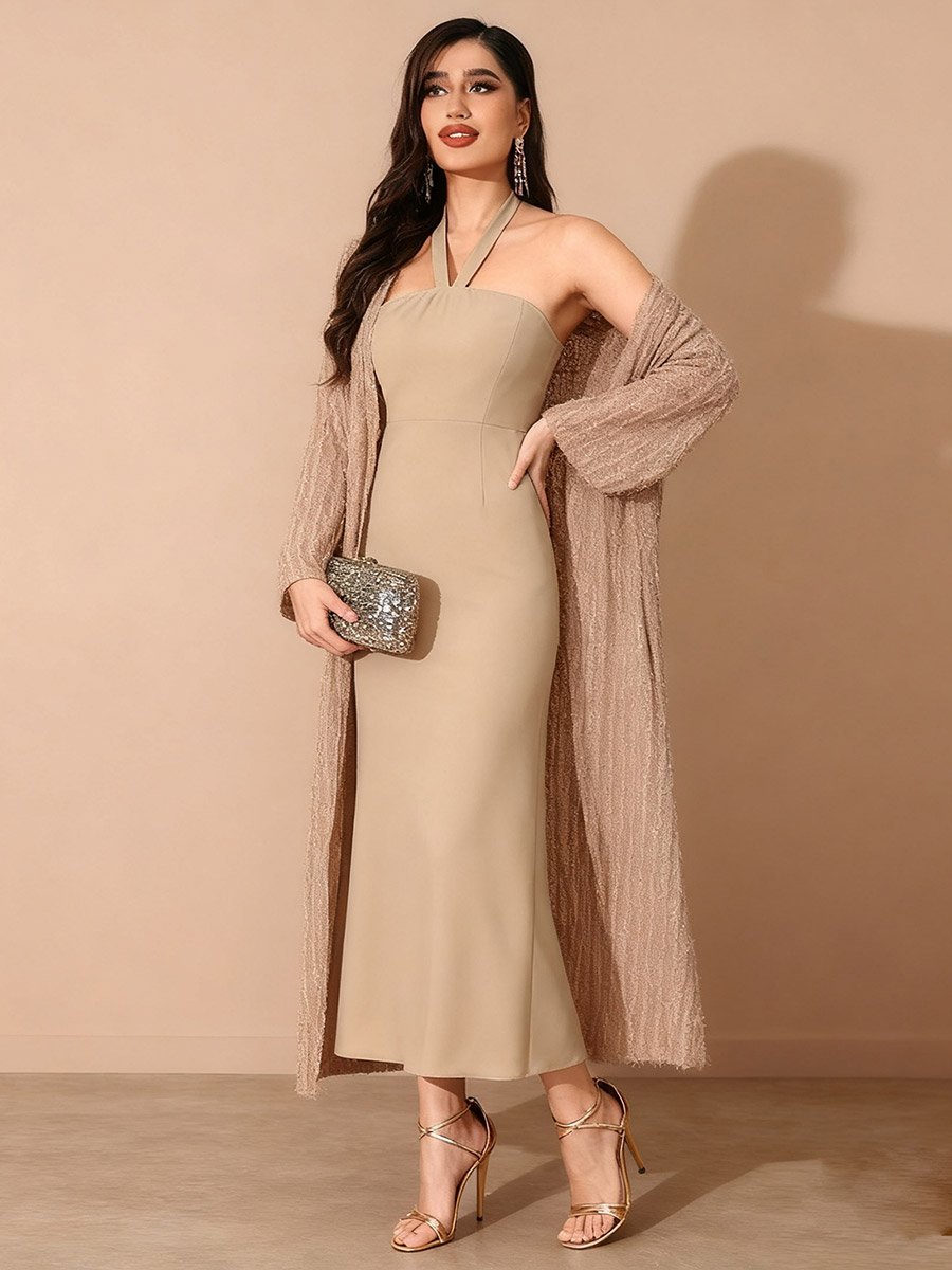 Beige Texture Open Front Cardigan and Halter Neck Maxi Dress Co-Ords