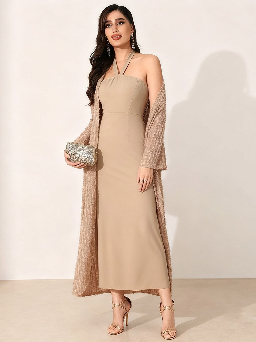 Beige Texture Open Front Cardigan and Halter Neck Maxi Dress Co-Ords For  Women at Kuwait | Styli
