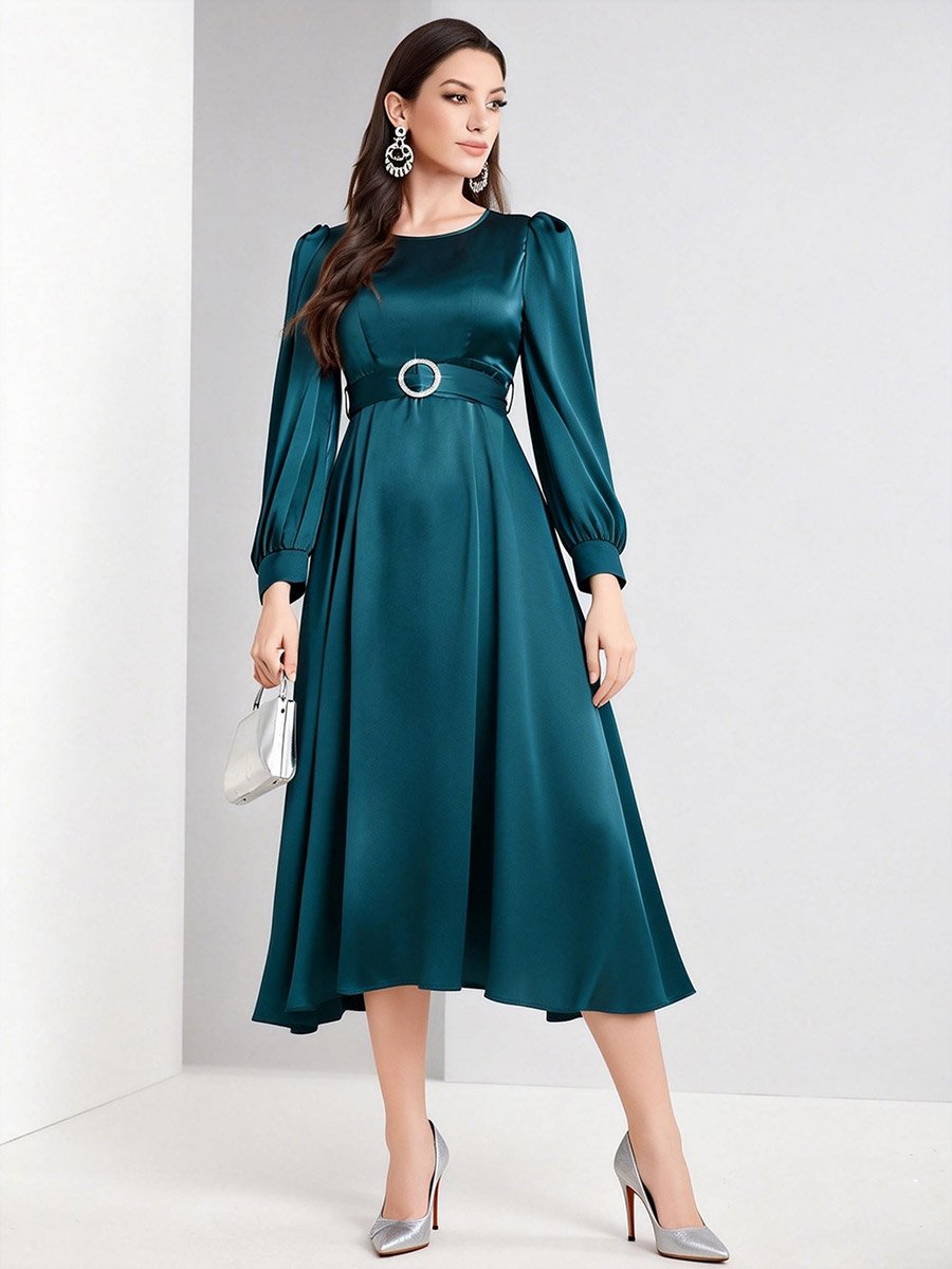 Blue Satin Balloon Sleeve Belted Midi Dress