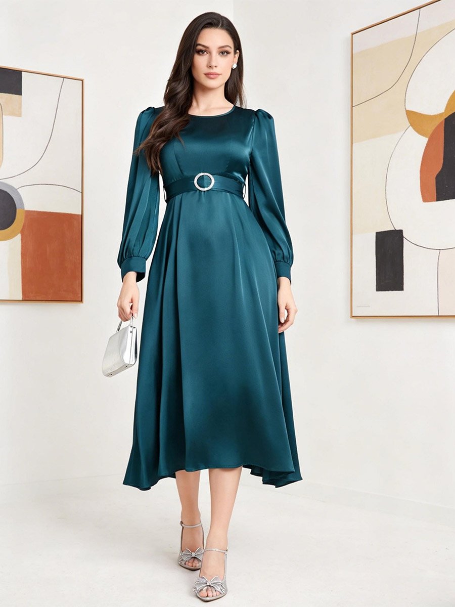 Blue Satin Balloon Sleeve Belted Midi Dress