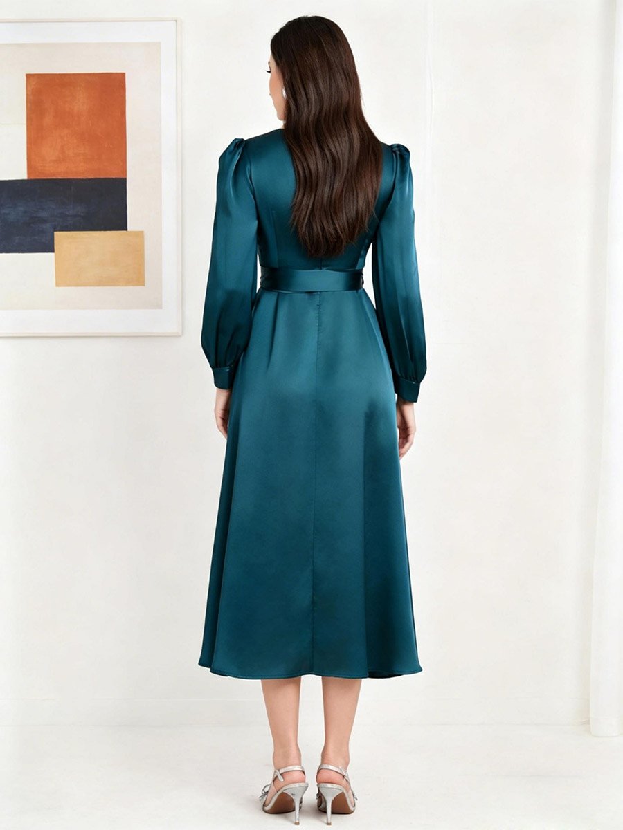 Blue Satin Balloon Sleeve Belted Midi Dress