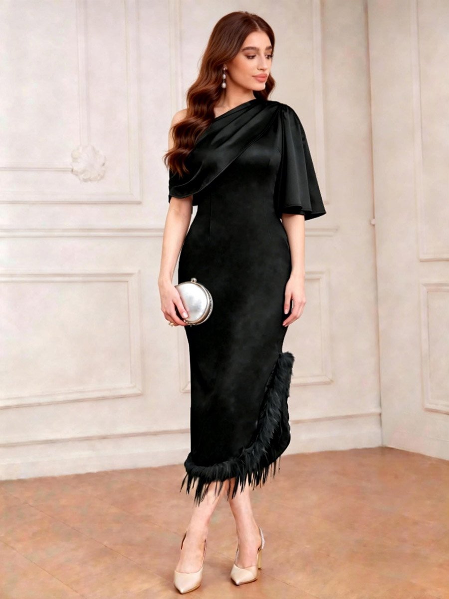 Black One Shoulder Tassel Detail Hem Midi Dress