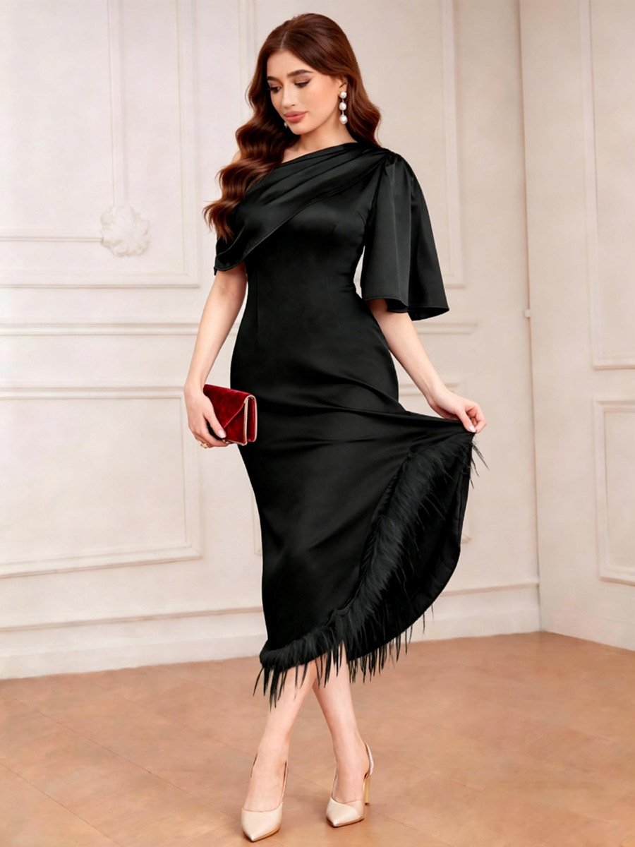 Black One Shoulder Tassel Detail Hem Midi Dress