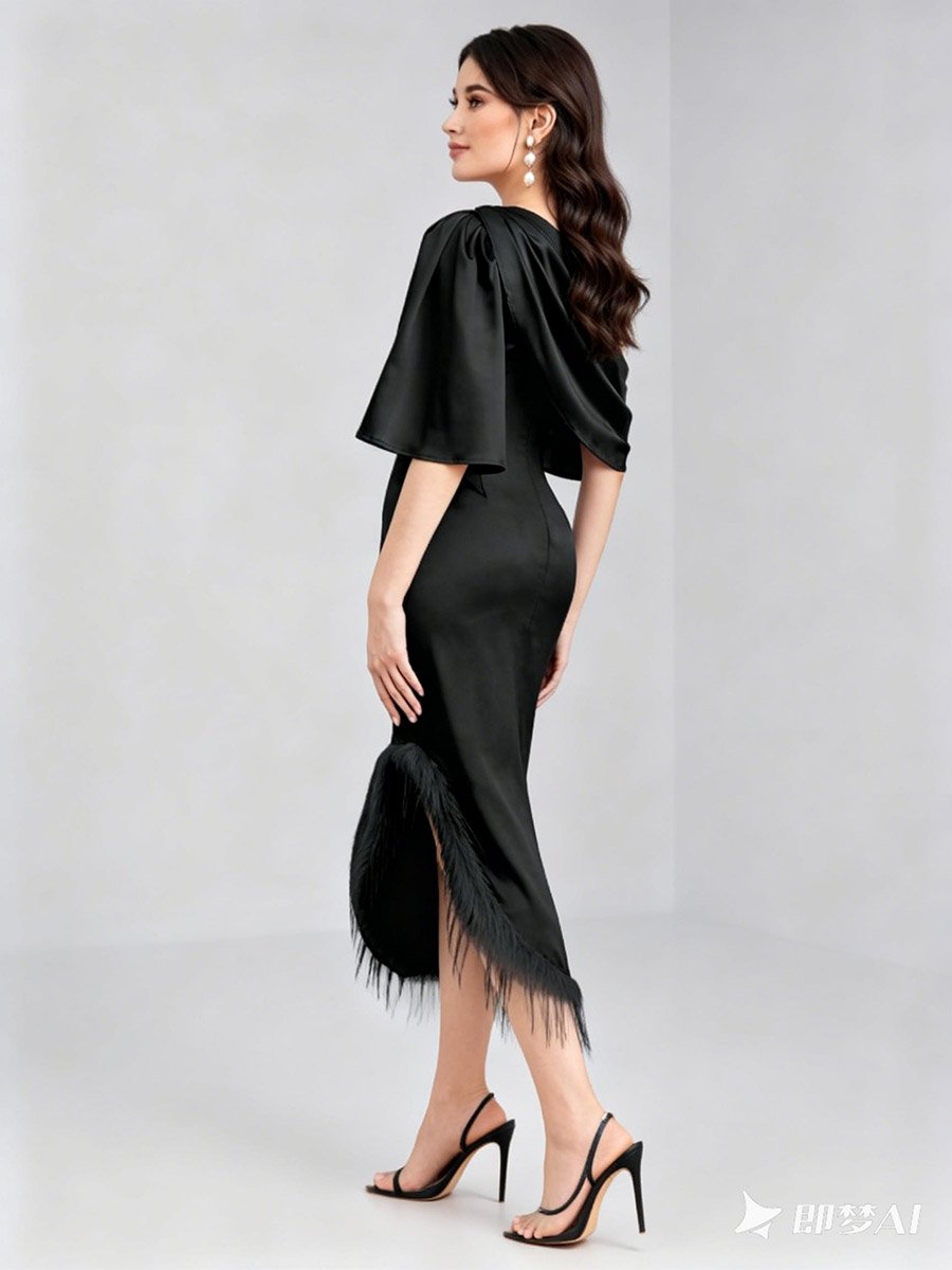 Black One Shoulder Tassel Detail Hem Midi Dress