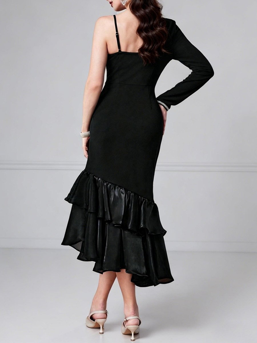 Black One Sleeve Ruffle Hem Bodycon Midi Dress For Women at Kuwait | Styli Black One Sleeve Ruffle Hem Bodycon Midi Dress For Women at Kuwait | Styli