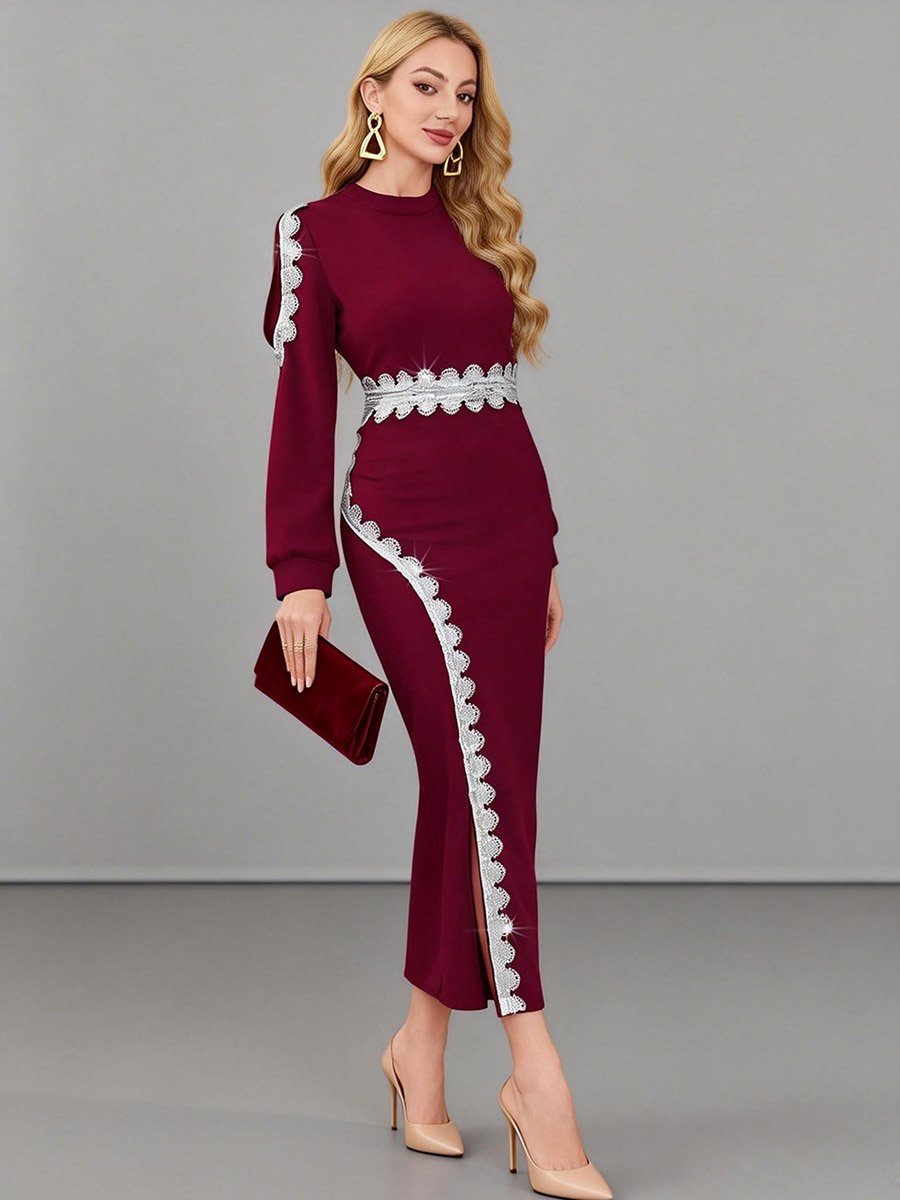 Burgundy Embellished Bodycon Maxi Dress