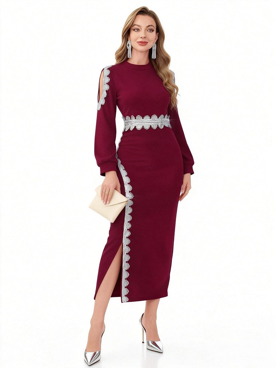 Burgundy Embellished Bodycon Maxi Dress