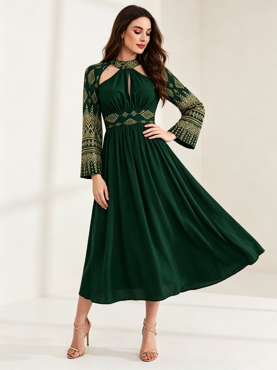 Dark Green Geo Print Cut-Out Midi Dress