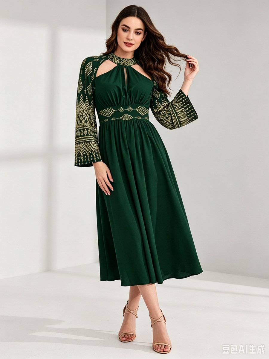 Dark Green Geo Print Cut-Out Midi Dress