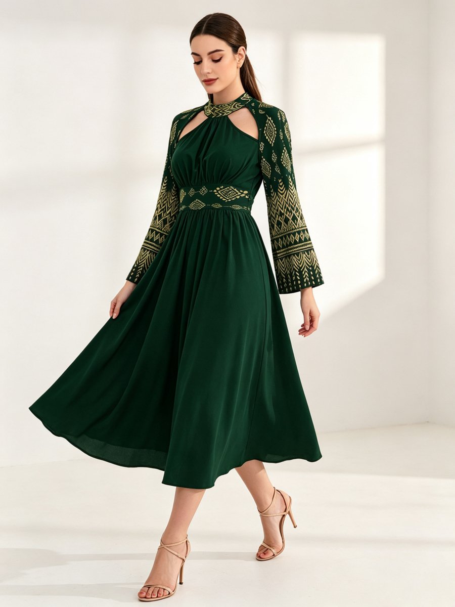 Dark Green Geo Print Cut-Out Midi Dress