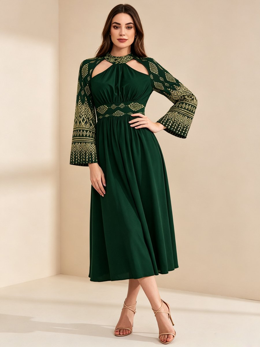 Dark Green Geo Print Cut-Out Midi Dress