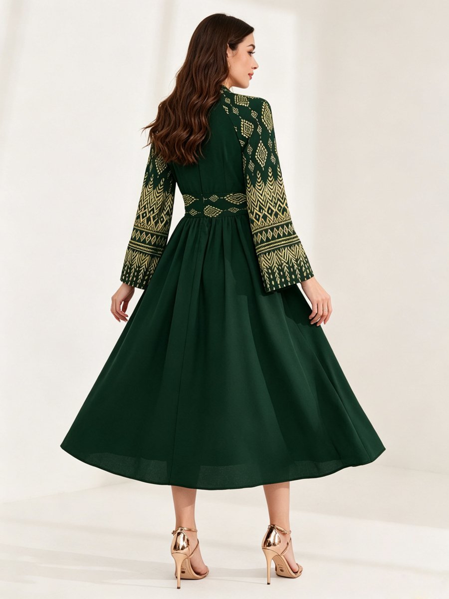 Dark Green Geo Print Cut-Out Midi Dress