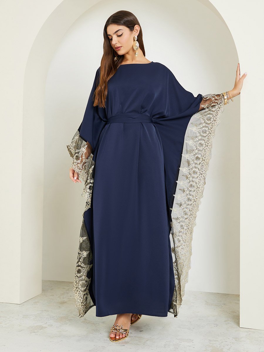 Navy Blue Lace Trim Kaftan Dress