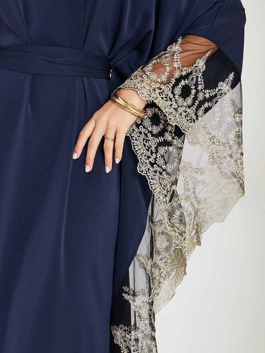 Navy Blue Lace Trim Kaftan Dress