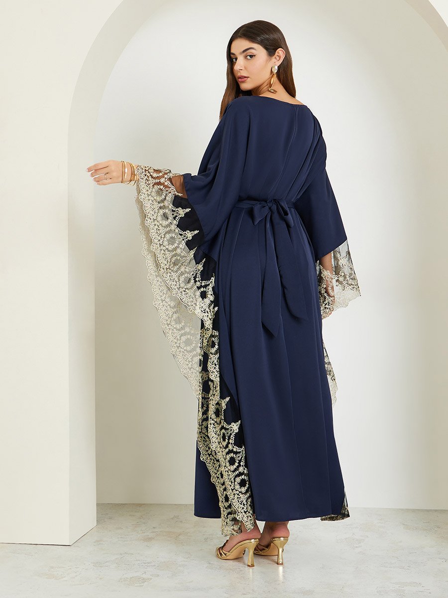 Navy Blue Lace Trim Kaftan Dress